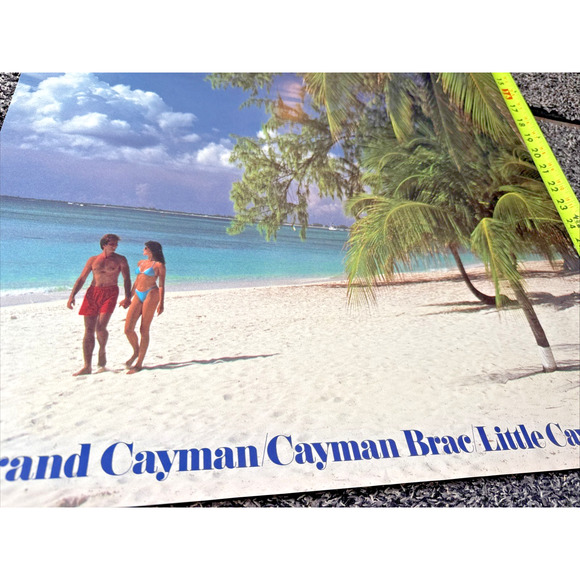 Vintage Grand Cayman Islands Travel Poster Palm Trees Sandy Beach Caribbean Sea - Picture 5 of 7